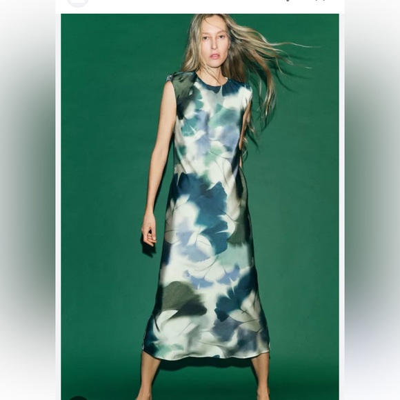Zara NWT Printed Satin Midi Dress - Size Small - Picture 4 of 11